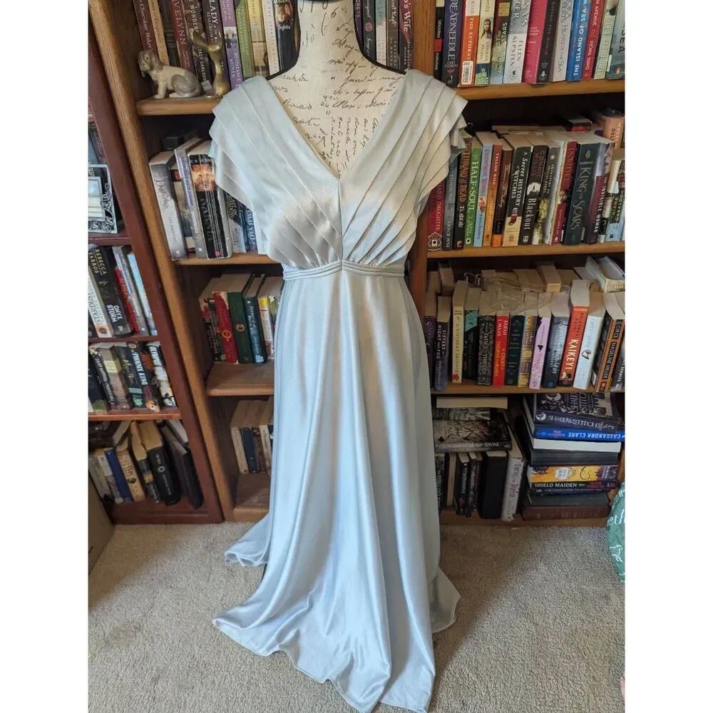Vintage Emma Domb California Blue Pleated Draped Grecian Maxi Gown Women's sz 14